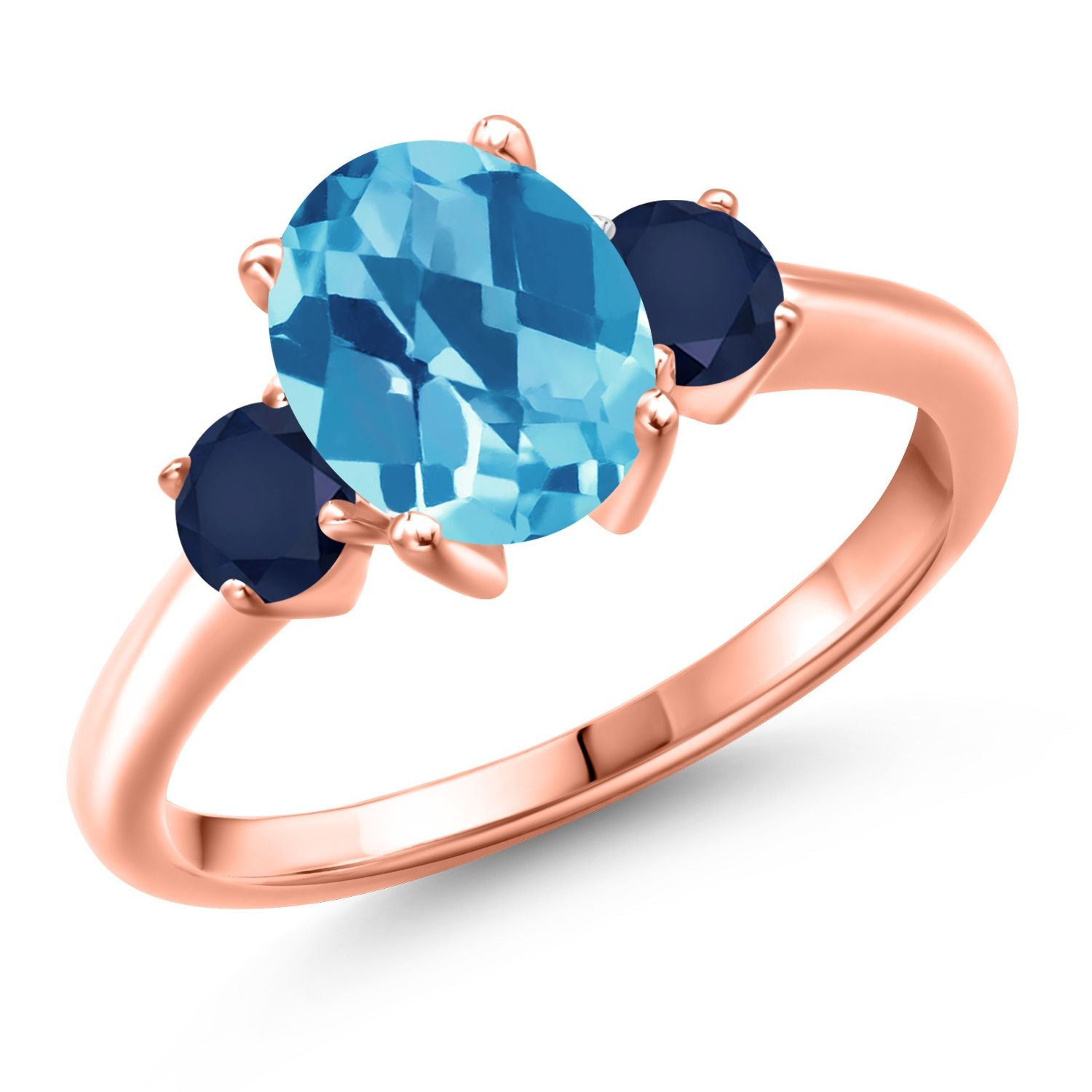 Swiss Blue Topaz-Checkerboard - November_6_Ring in 925 Rose Gold Plated Silver