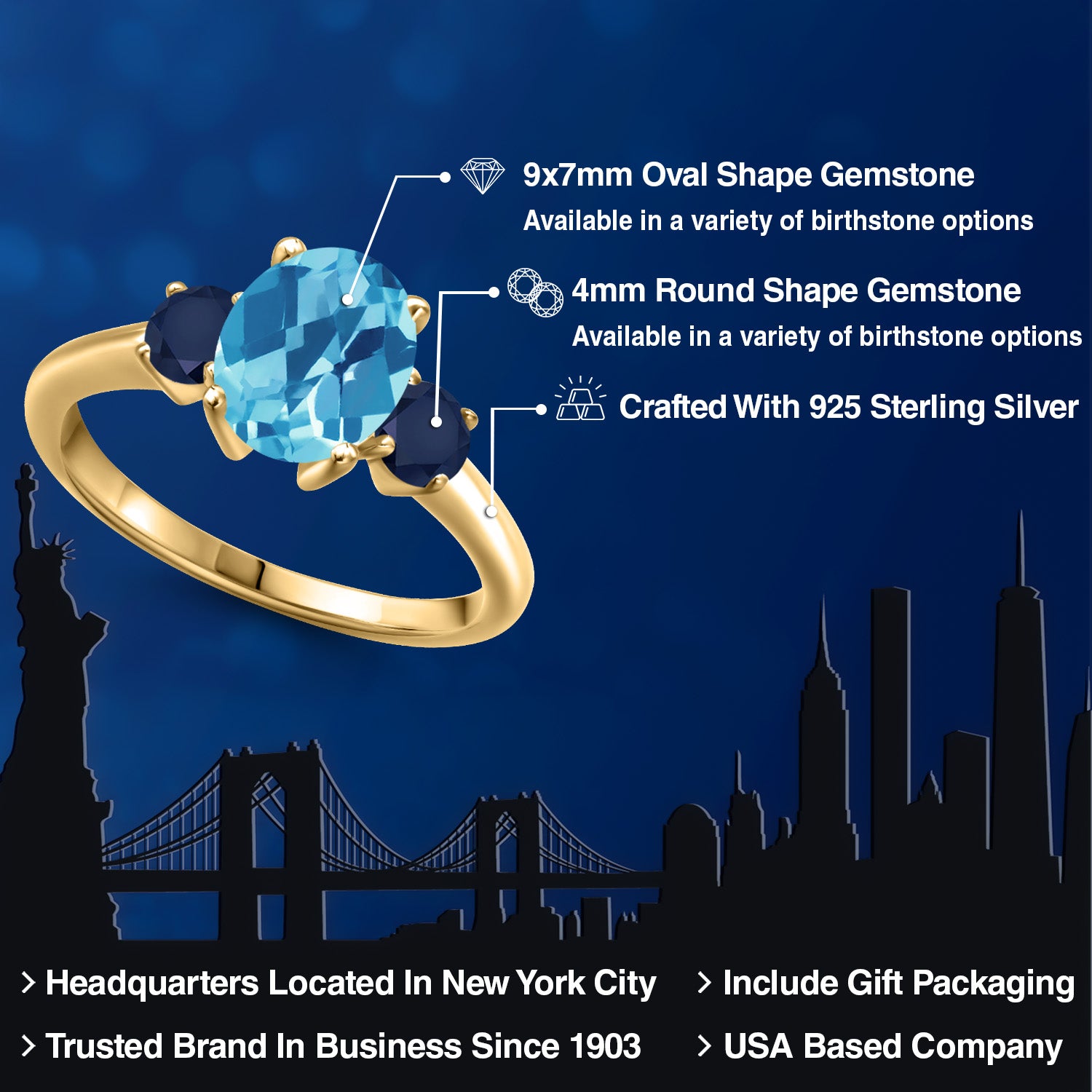Topaz and Sapphire_5_Ring in 925 Yellow Gold Plated Silver