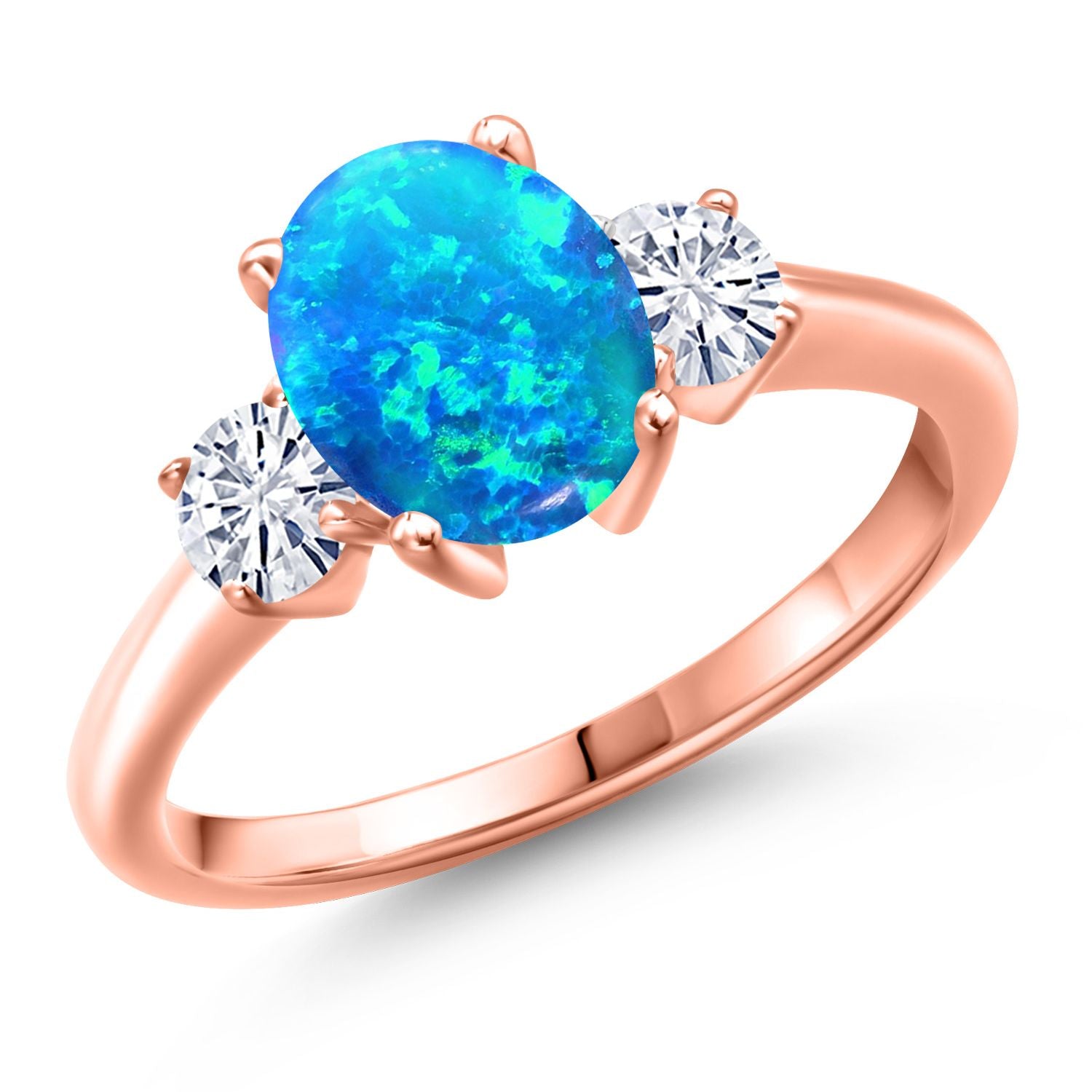Blue Simulated Opal-Cabochon - October_6_Ring in 925 Rose Gold Plated Silver