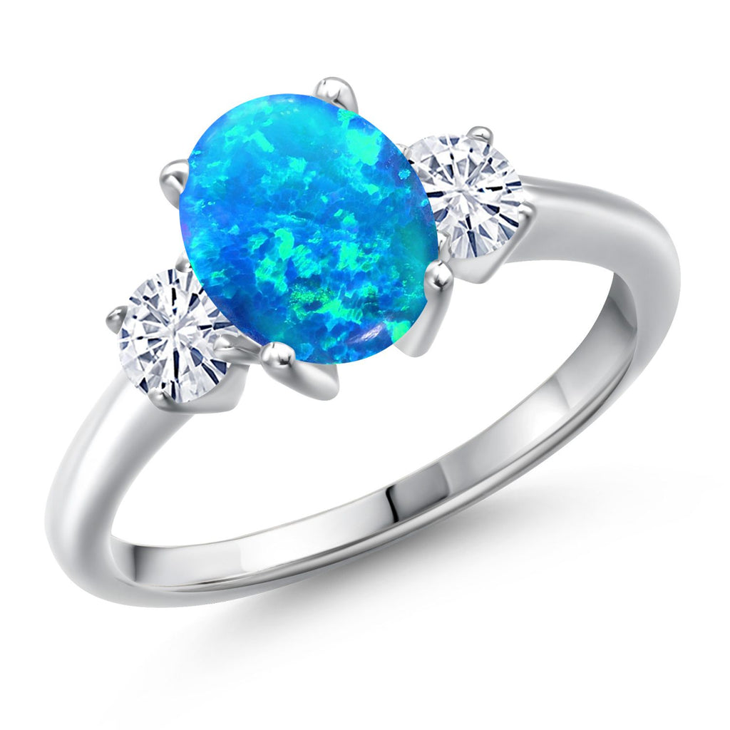 Blue Simulated Opal-Cabochon - October_5_Ring in 925 Sterling Silver