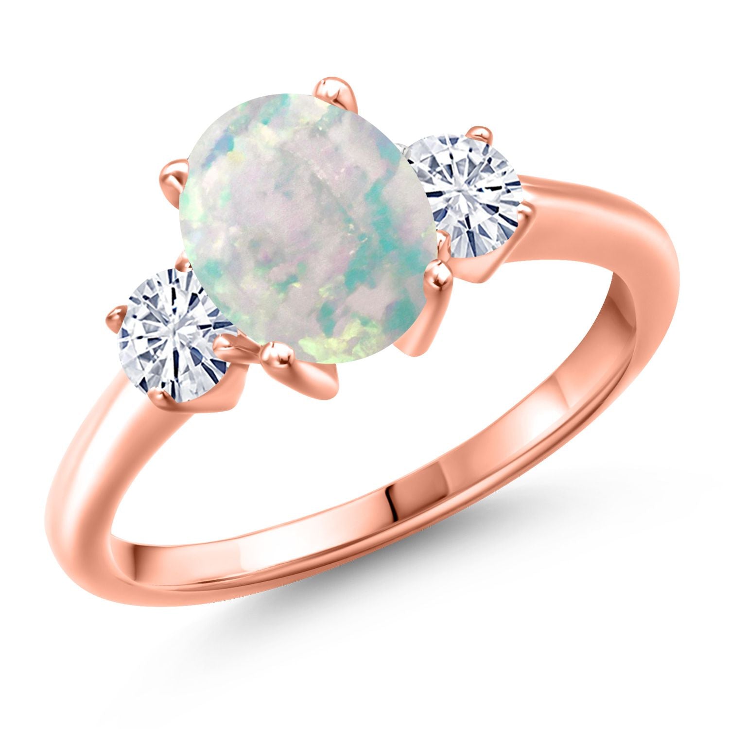 White Simulated Opal-Cabochon - October_7_Ring in 925 Rose Gold Plated Silver