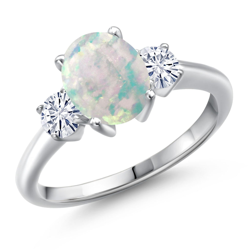 White Simulated Opal-Cabochon - October_6_Ring in 925 Sterling Silver
