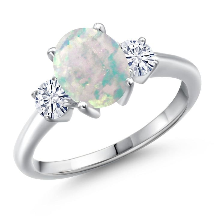 White Simulated Opal-Cabochon - October_5_Ring in 925 Sterling Silver