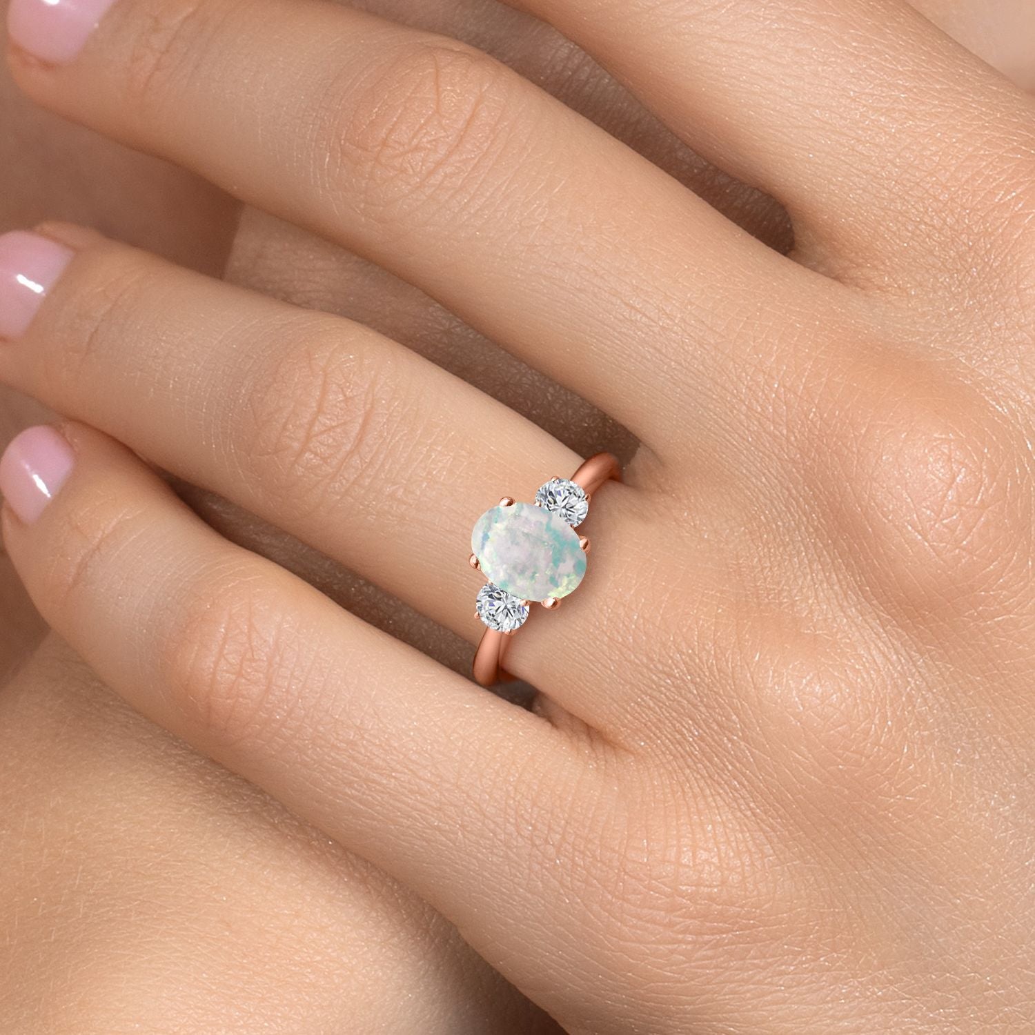 Opal and Lab Grown Diamond_5_Ring in 925 Rose Gold Plated Silver