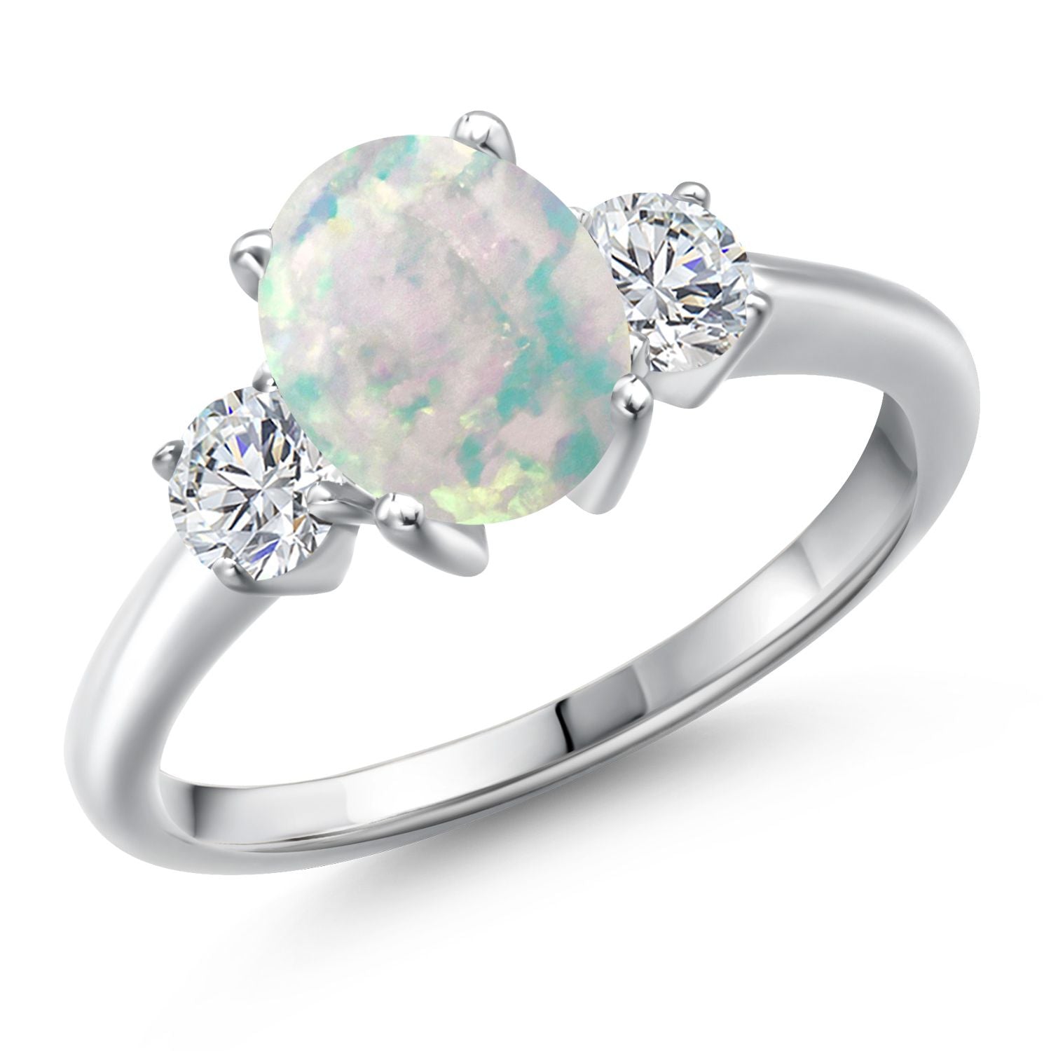 White Simulated Opal-Cabochon - October_6_Ring in 925 Sterling Silver