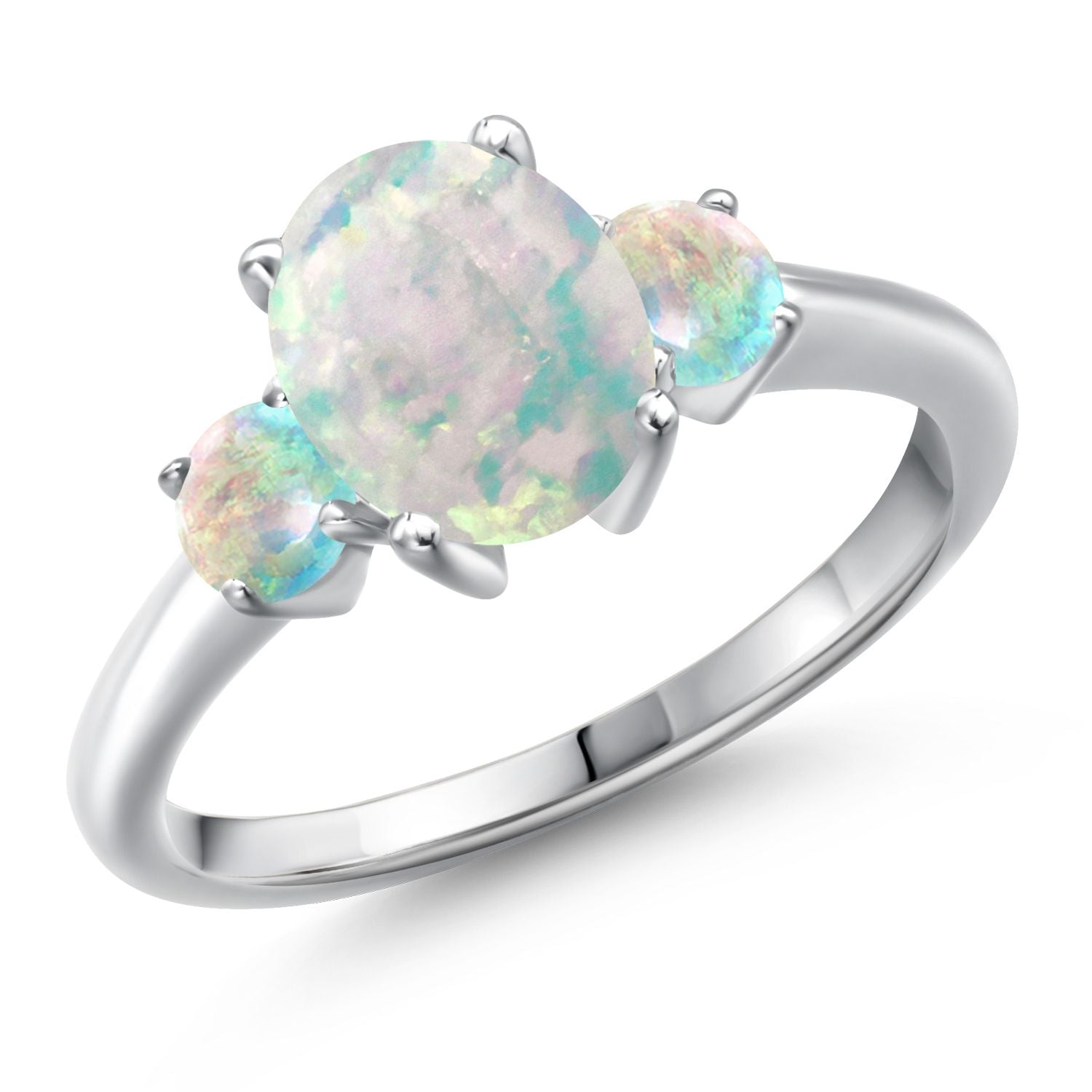 White Simulated Opal-Cabochon - October_6_Ring in 925 Sterling Silver
