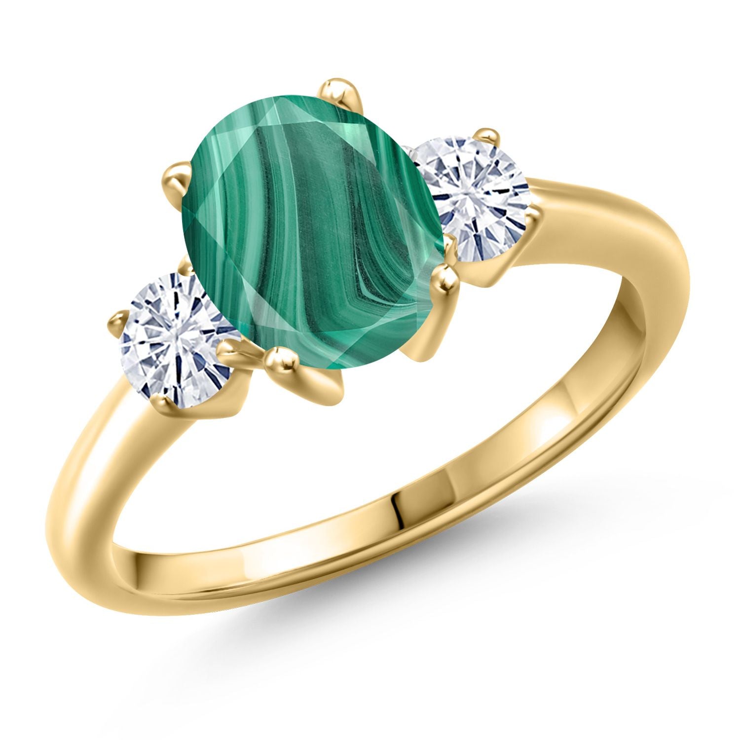 Malachite and Moissanite_8_Ring in 925 Yellow Gold Plated Silver