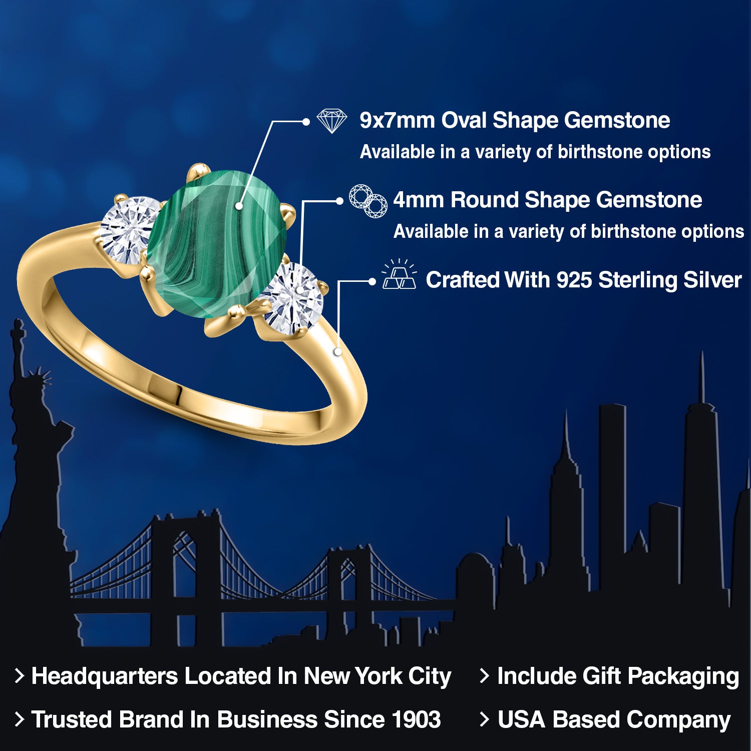 Malachite and Moissanite_8_Ring in 925 Yellow Gold Plated Silver