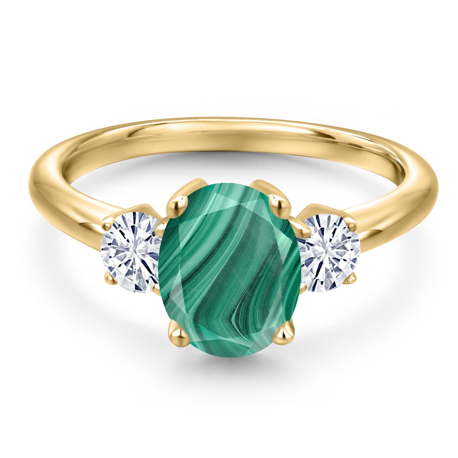 Malachite and Moissanite_8_Ring in 925 Yellow Gold Plated Silver