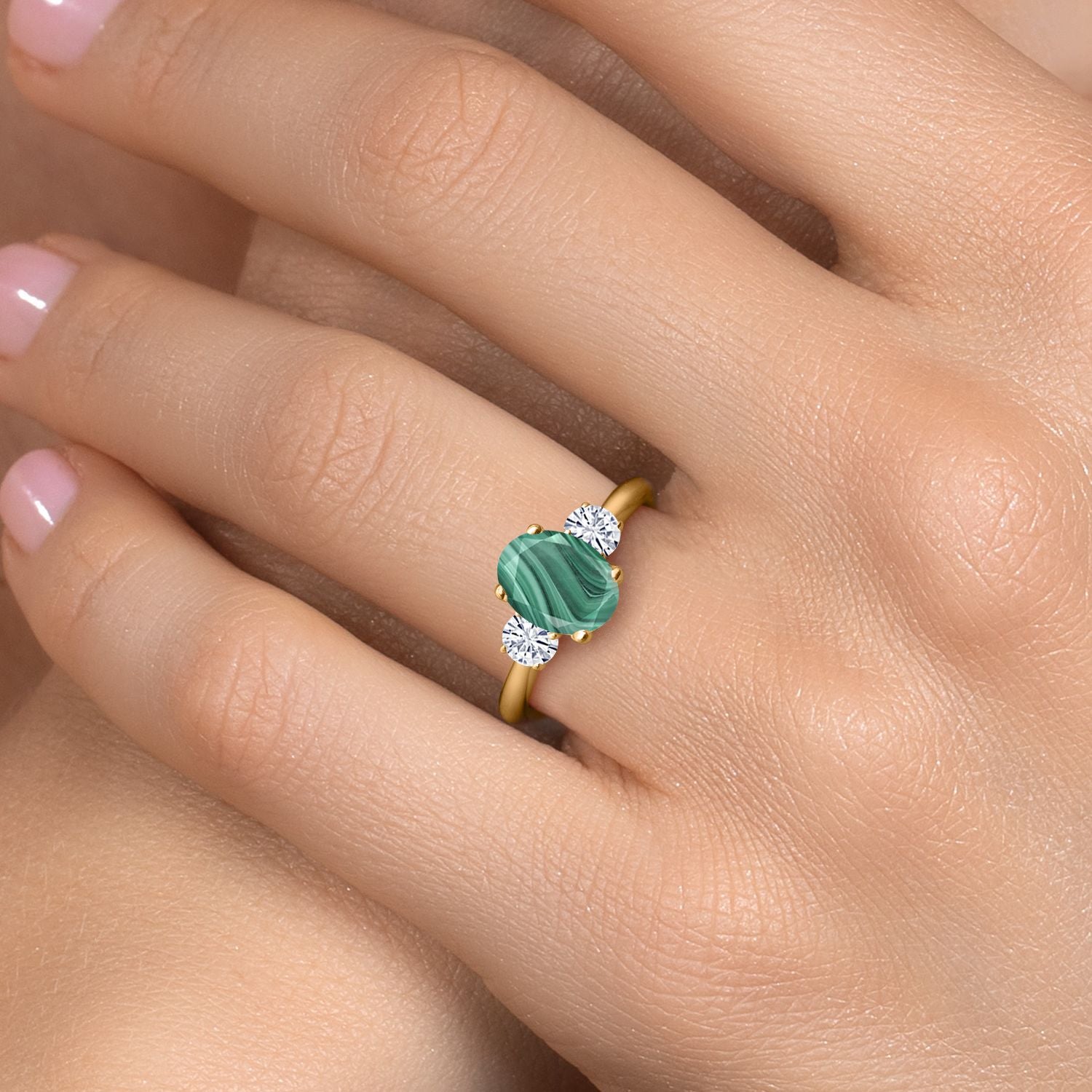 Malachite and Moissanite_8_Ring in 925 Yellow Gold Plated Silver