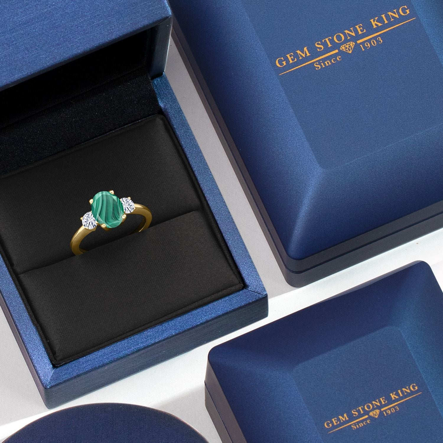 Malachite and Moissanite_8_Ring in 925 Yellow Gold Plated Silver