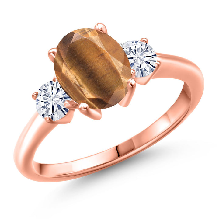 Tiger Eye and Moissanite_6_Ring in 925 Rose Gold Plated Silver