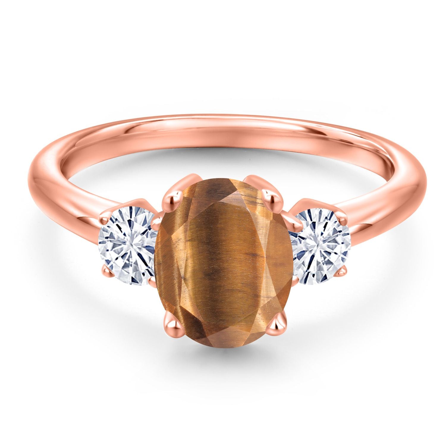 Tiger Eye and Moissanite_6_Ring in 925 Rose Gold Plated Silver