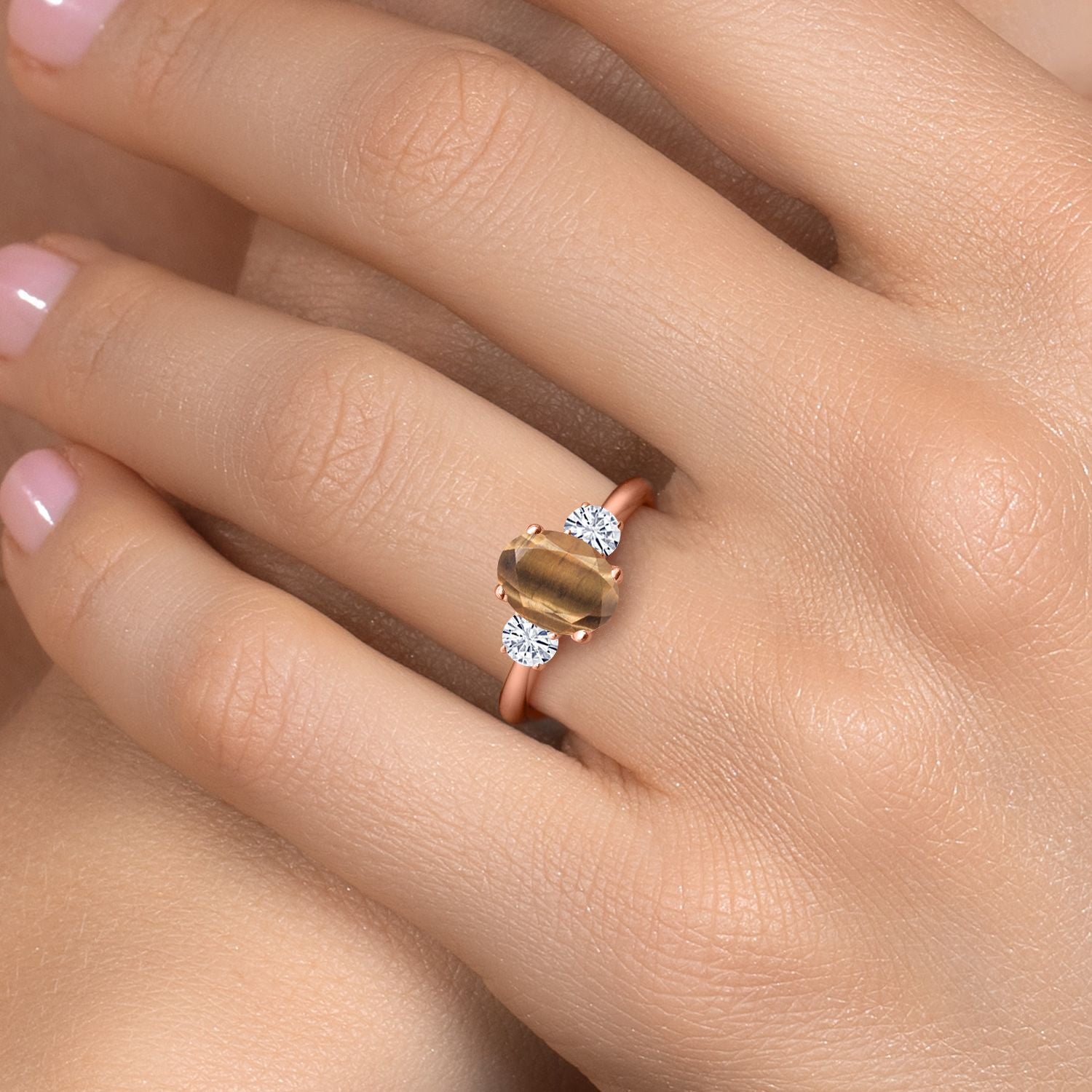 Tiger Eye and Moissanite_6_Ring in 925 Rose Gold Plated Silver