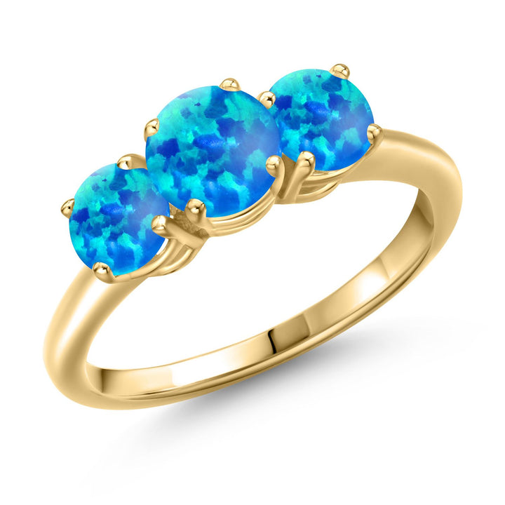 Blue Simulated Opal-Cabochon - October_5_Ring in 925 Yellow Gold Plated Silver