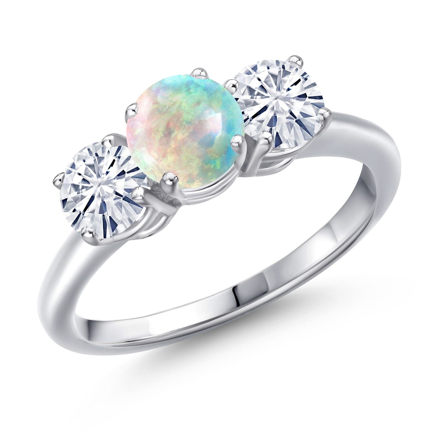White Simulated Opal-Cabochon - October_6_Ring in 925 Sterling Silver
