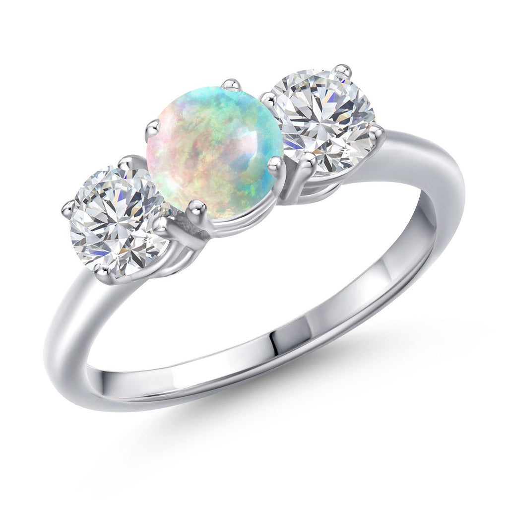 White Simulated Opal-Cabochon - October_6_Ring in 925 Sterling Silver