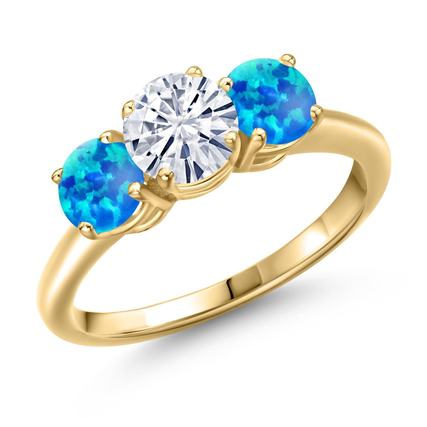 Blue Simulated Opal-Cabochon - October_6_Ring in 925 Yellow Gold Plated Silver