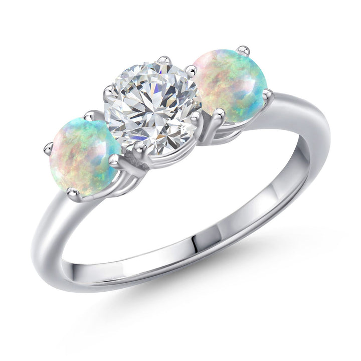 White Simulated Opal-Cabochon - October_5_Ring in 925 Sterling Silver