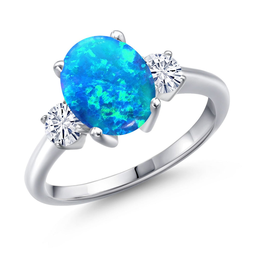 Blue Simulated Opal-Cabochon - October_9_Ring in 925 Sterling Silver