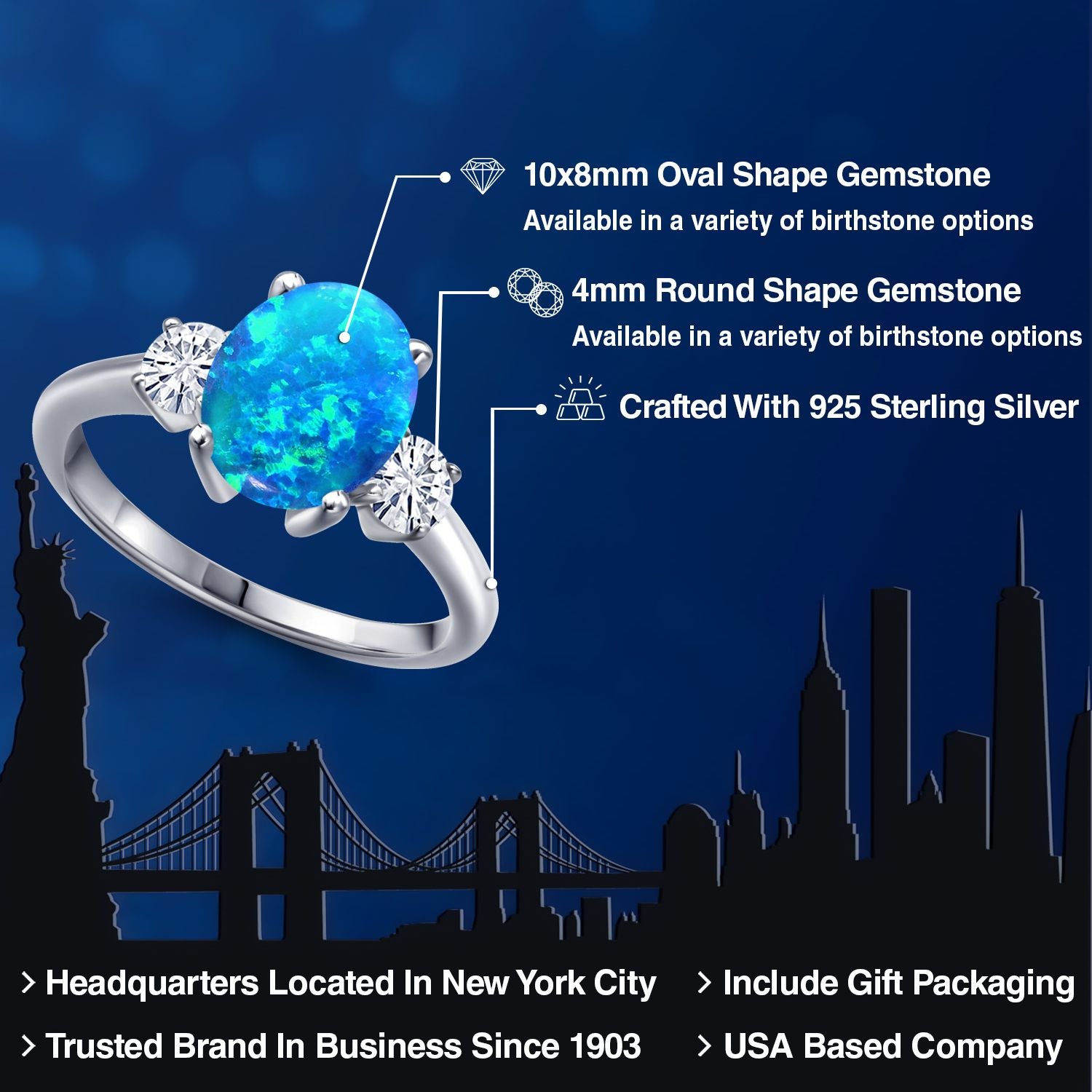 Blue Simulated Opal-Cabochon - October_5_Ring in 925 Sterling Silver