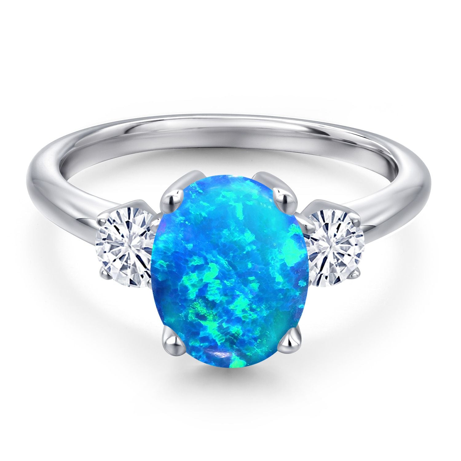 Blue Simulated Opal-Cabochon - October_5_Ring in 925 Sterling Silver