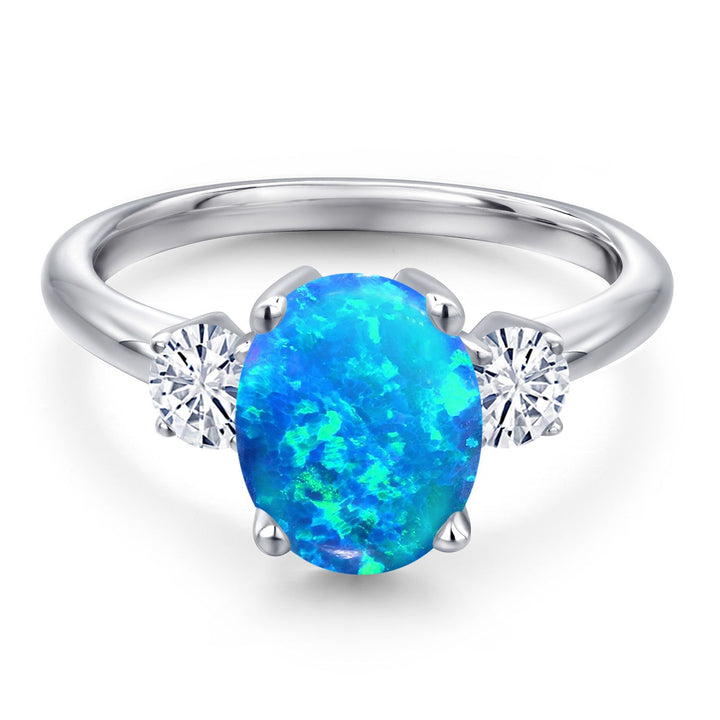 Blue Simulated Opal-Cabochon - October_5_Ring in 925 Sterling Silver