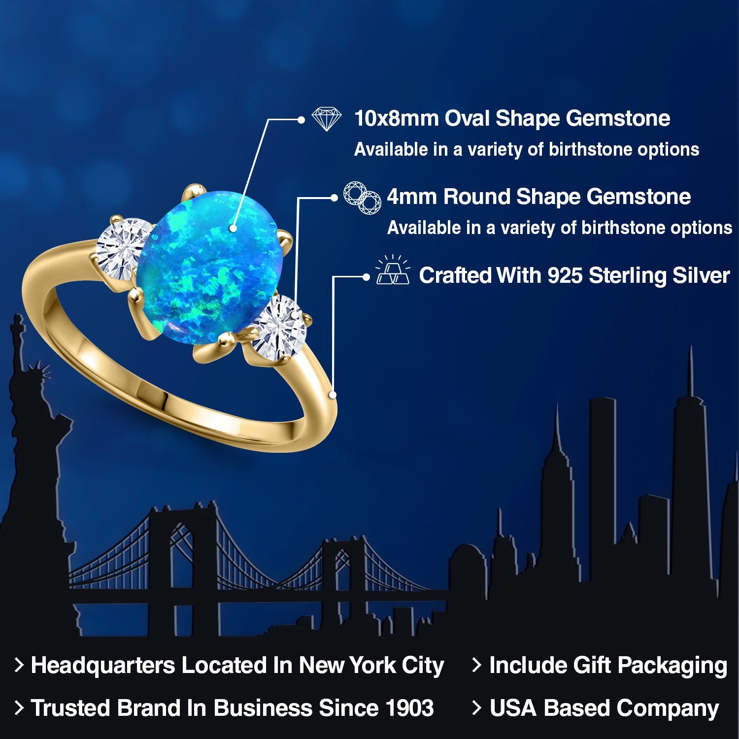 Blue Simulated Opal-Cabochon - October_5_Ring in 925 Yellow Gold Plated Silver