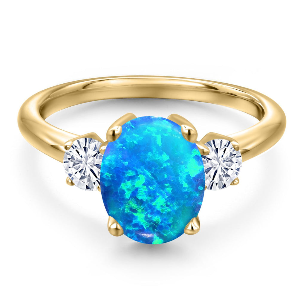 Blue Simulated Opal-Cabochon - October_5_Ring in 925 Yellow Gold Plated Silver