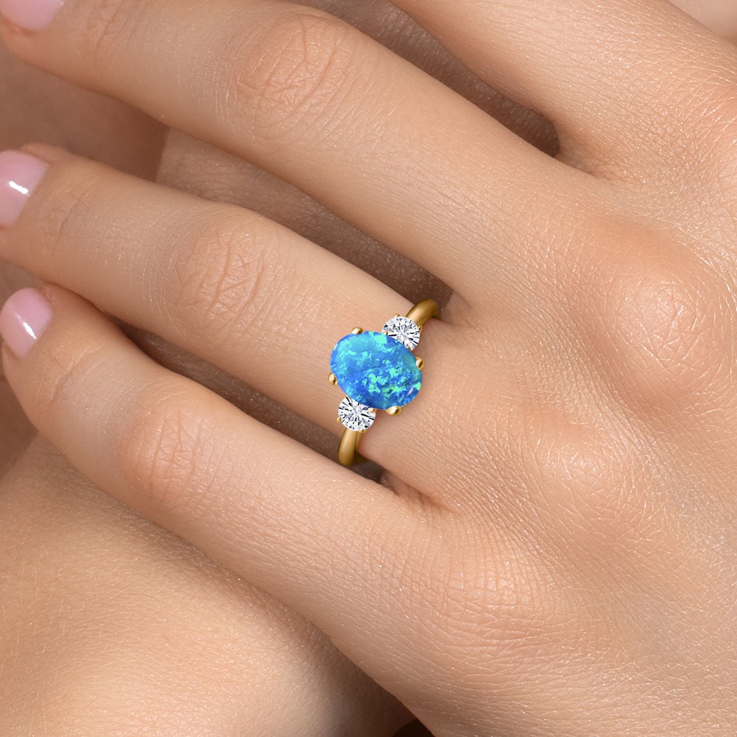 Blue Simulated Opal-Cabochon - October_5_Ring in 925 Yellow Gold Plated Silver