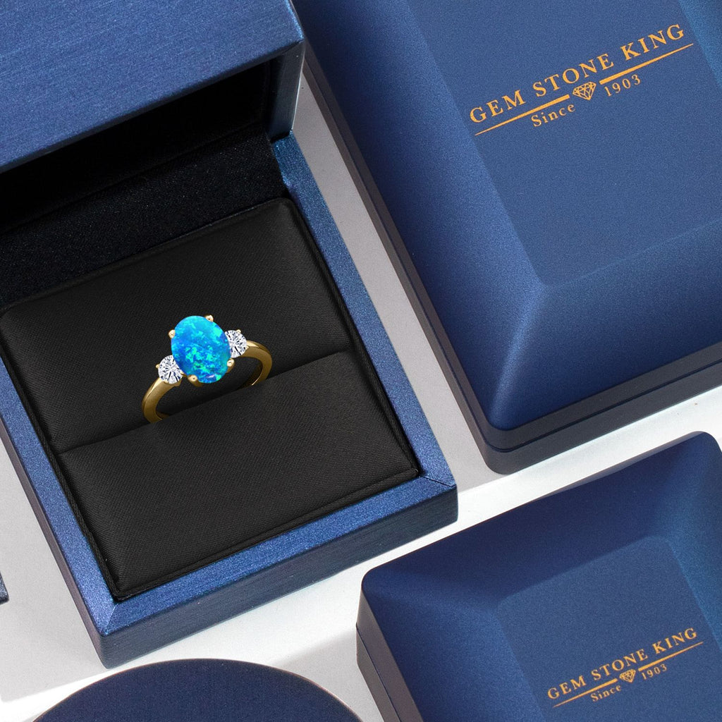Blue Simulated Opal-Cabochon - October_5_Ring in 925 Yellow Gold Plated Silver
