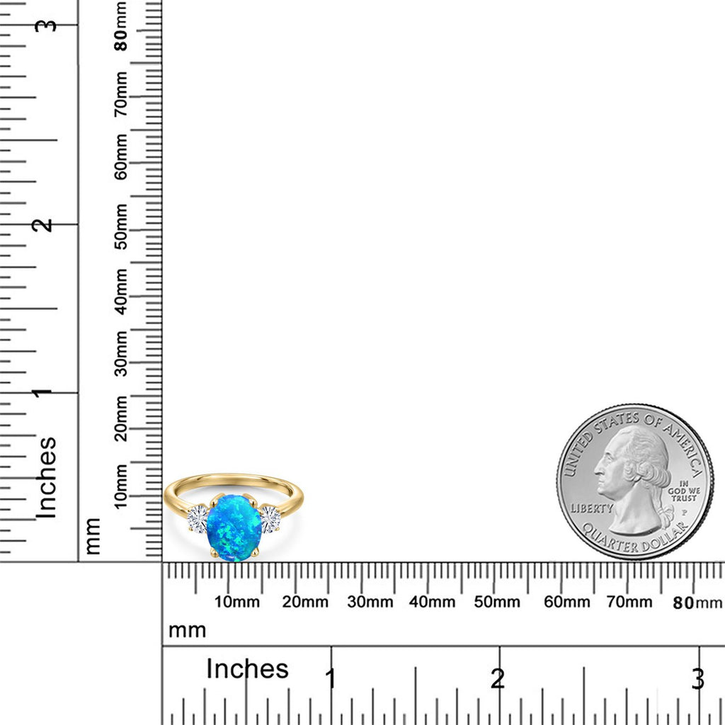 Blue Simulated Opal-Cabochon - October_5_Ring in 925 Yellow Gold Plated Silver