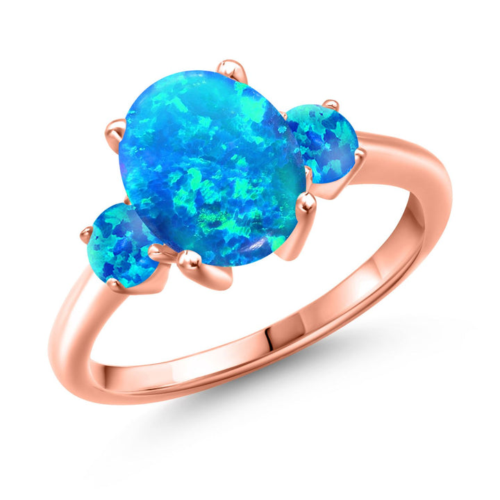Blue Simulated Opal-Cabochon - October_5_Ring in 925 Rose Gold Plated Silver