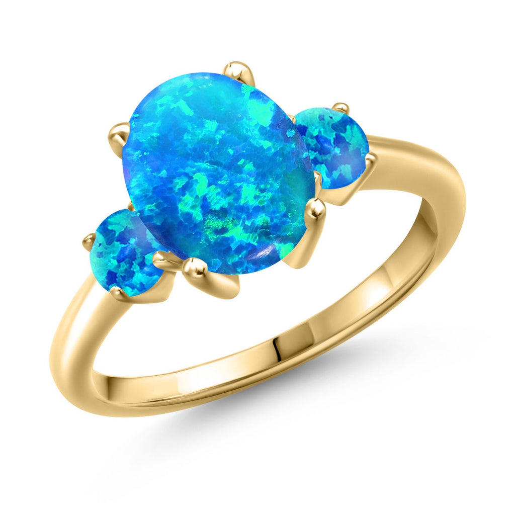 Blue Simulated Opal-Cabochon - October_8_Ring in 925 Yellow Gold Plated Silver
