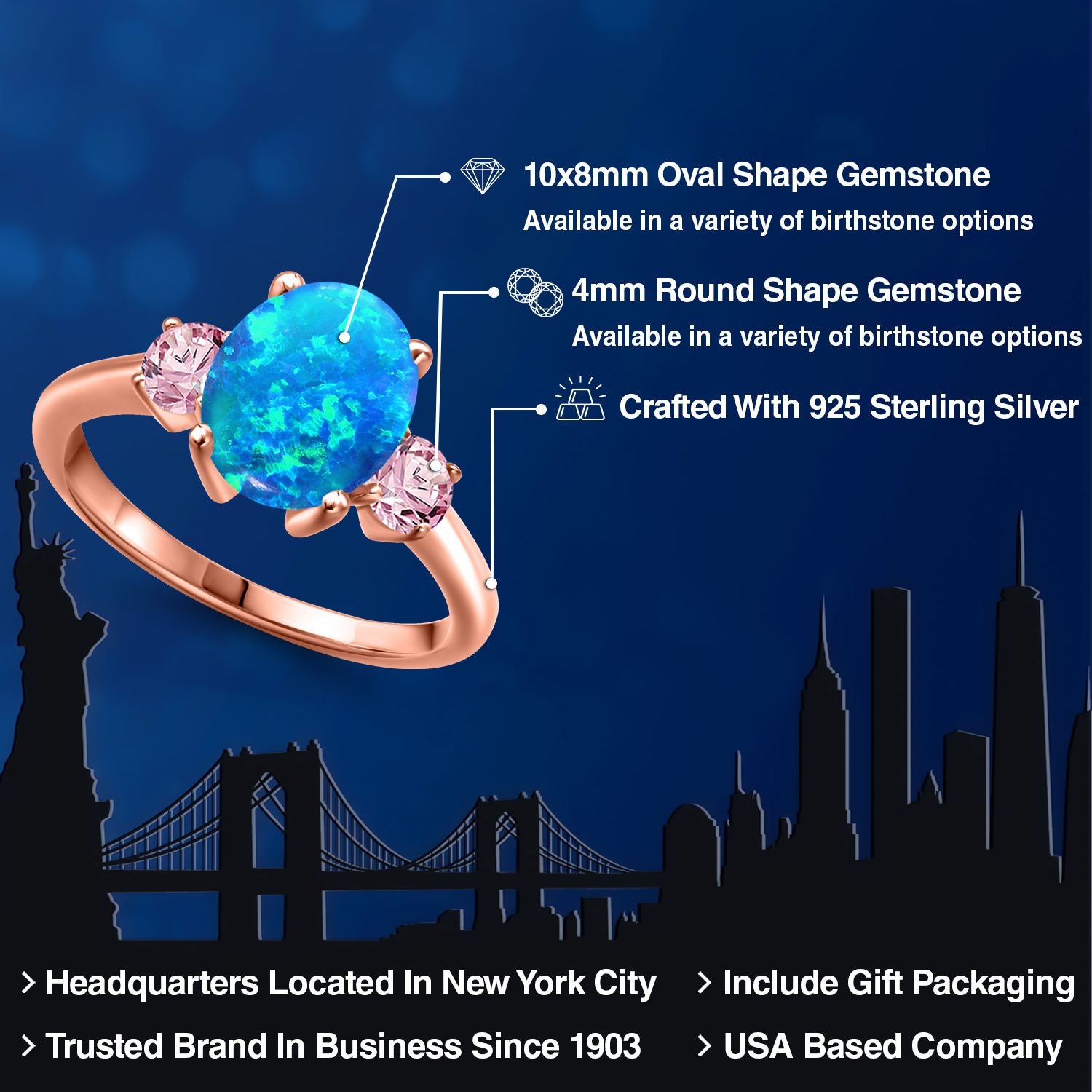 Blue Simulated Opal-Cabochon - October_5_Ring in 925 Rose Gold Plated Silver