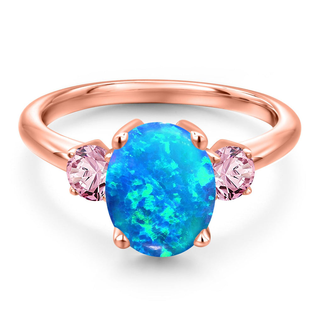 Blue Simulated Opal-Cabochon - October_5_Ring in 925 Rose Gold Plated Silver