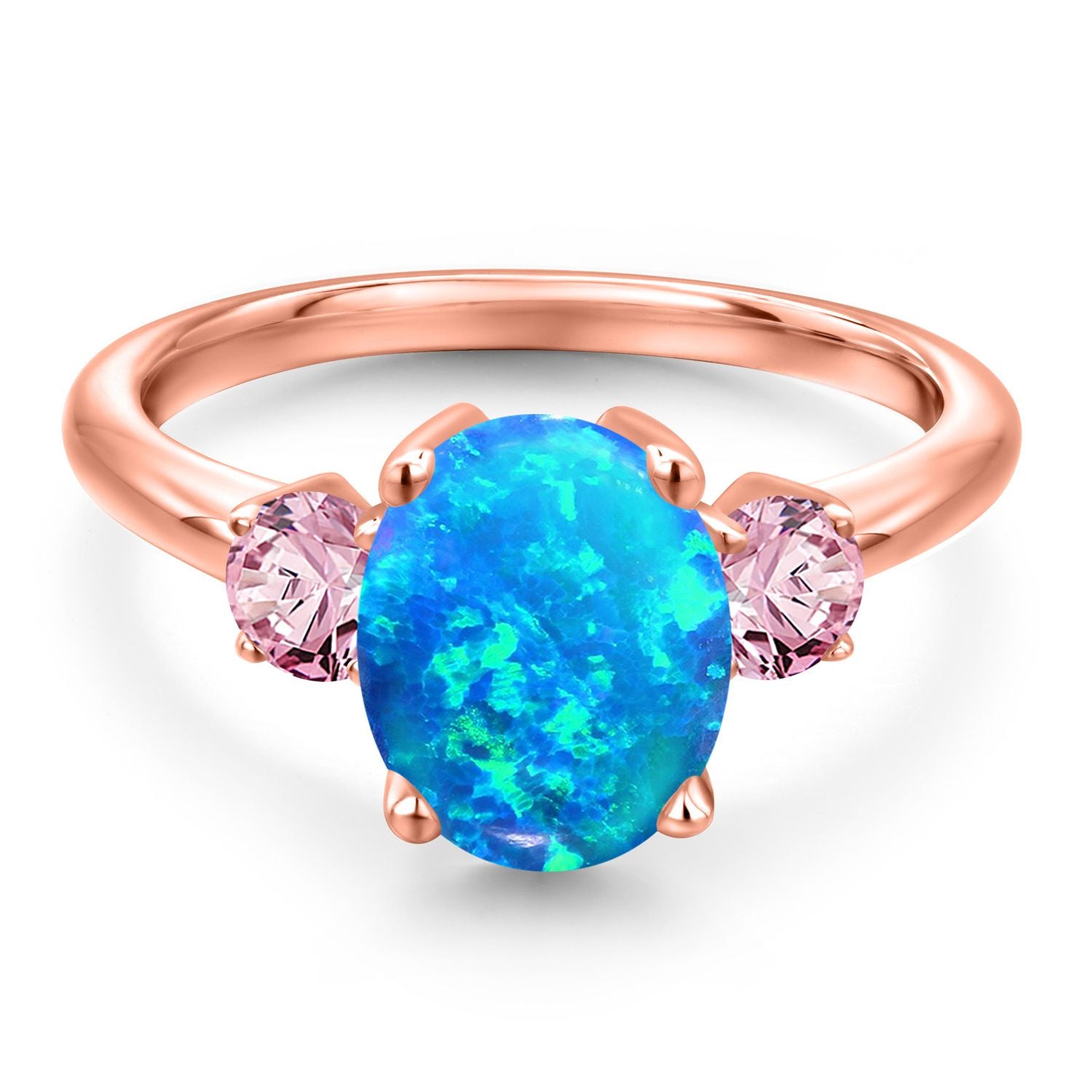 Blue Simulated Opal-Cabochon - October_5_Ring in 925 Rose Gold Plated Silver
