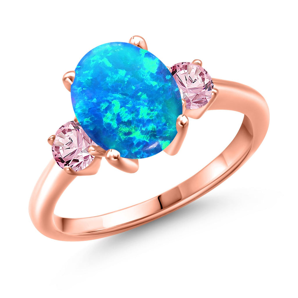Blue Simulated Opal-Cabochon - October_9_Ring in 925 Rose Gold Plated Silver