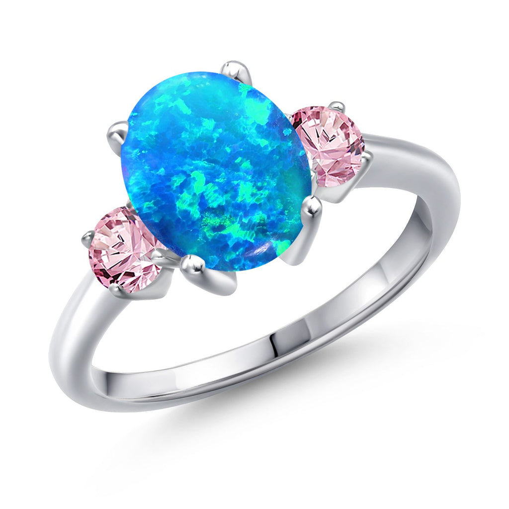 Blue Simulated Opal-Cabochon - October_9_Ring in 925 Sterling Silver
