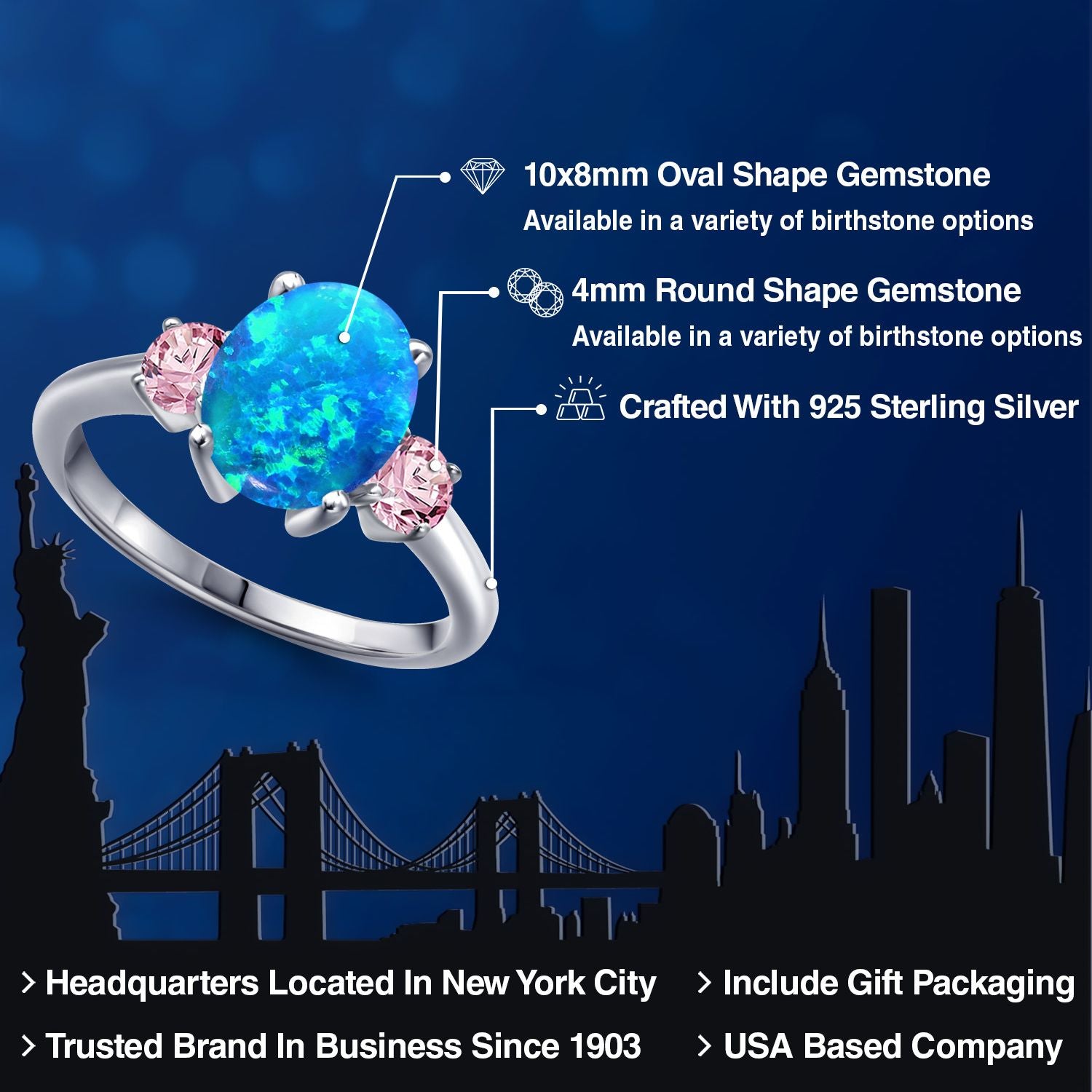 Blue Simulated Opal-Cabochon - October_5_Ring in 925 Sterling Silver