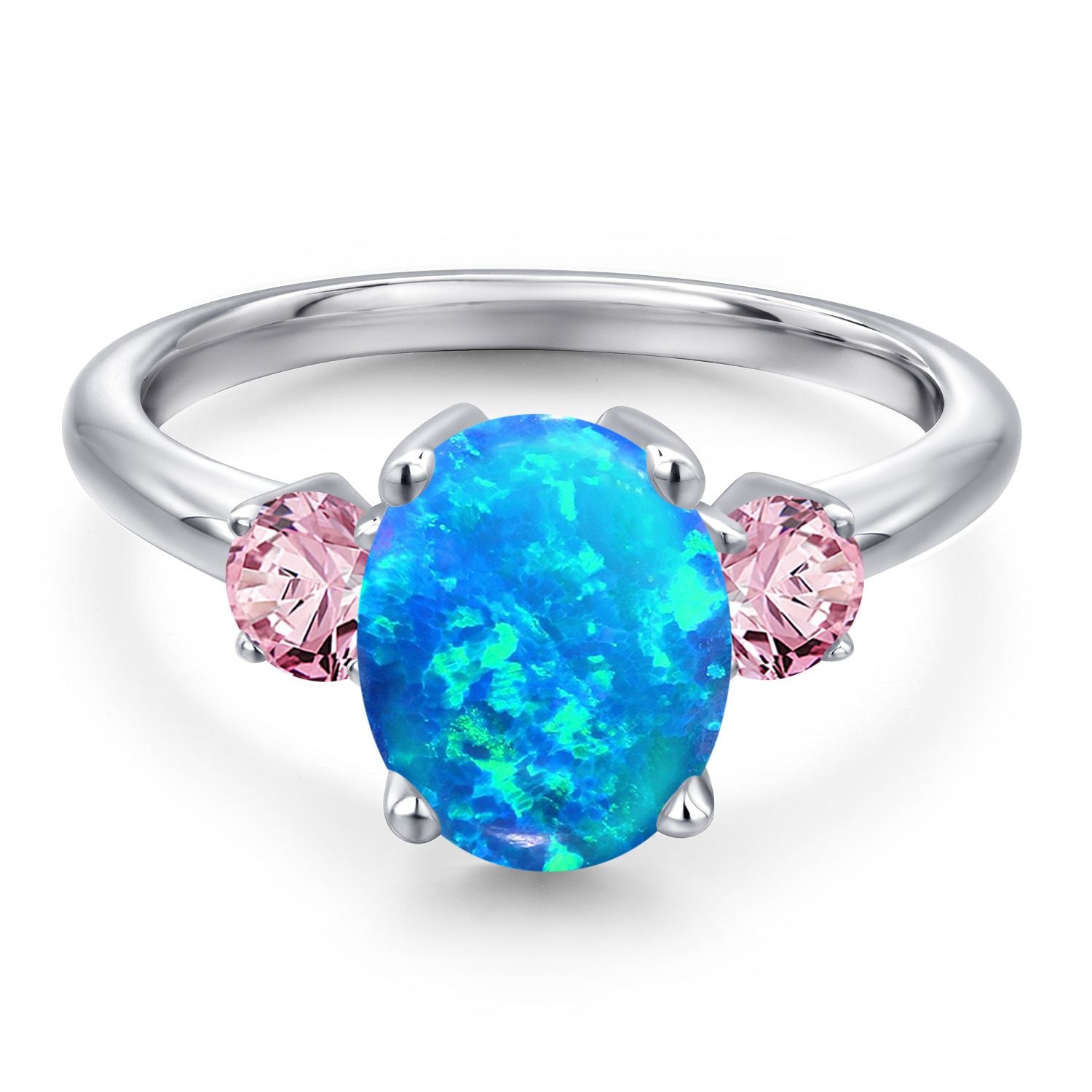 Blue Simulated Opal-Cabochon - October_5_Ring in 925 Sterling Silver