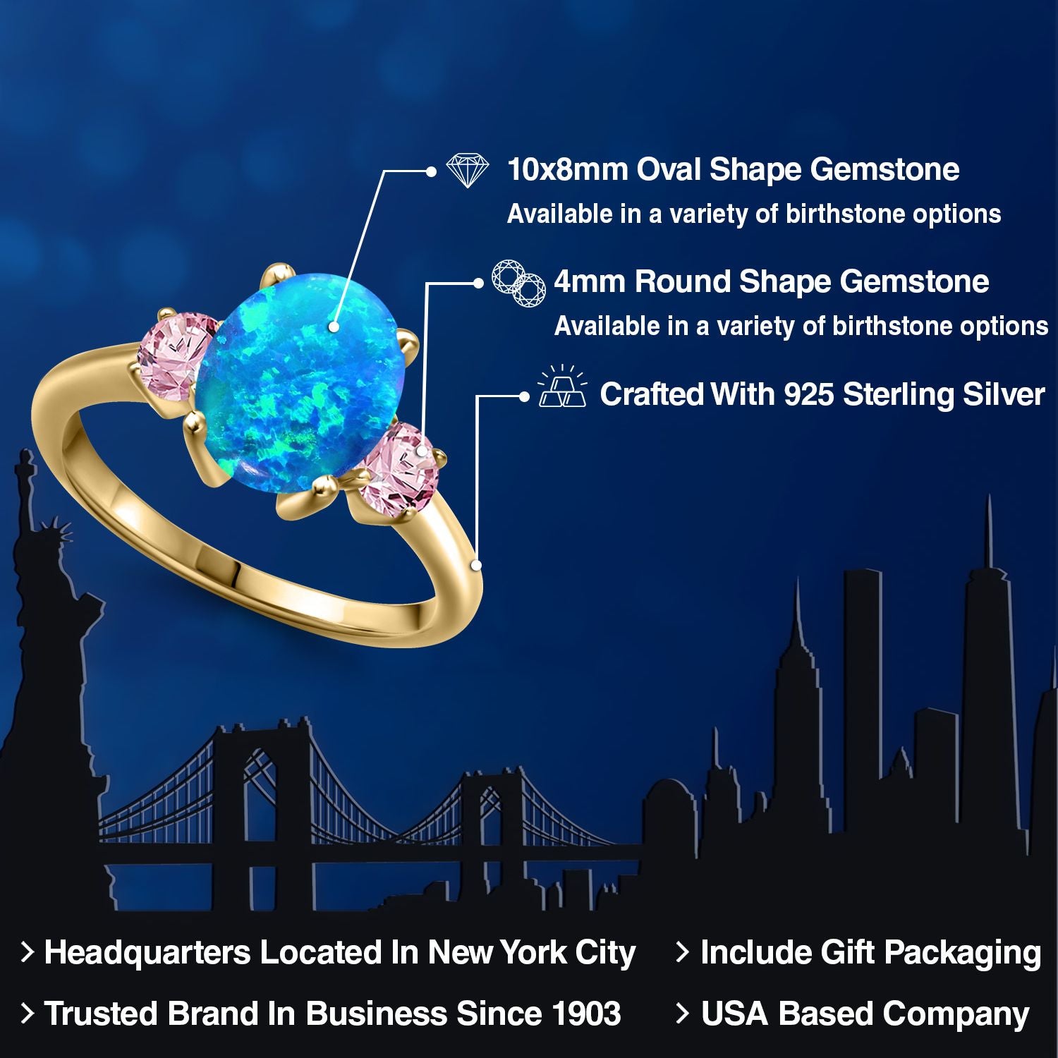 Blue Simulated Opal-Cabochon - October_5_Ring in 925 Yellow Gold Plated Silver