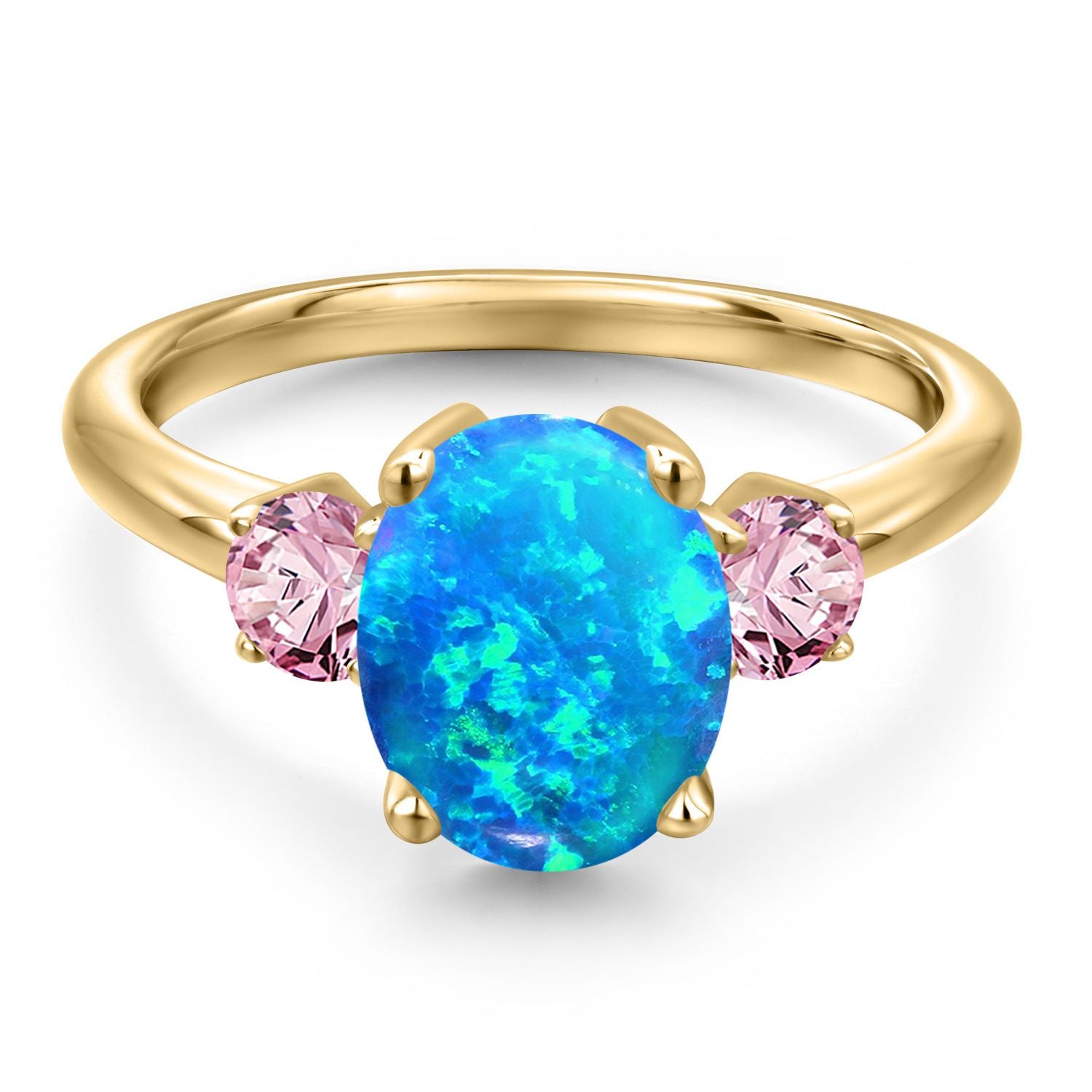 Blue Simulated Opal-Cabochon - October_5_Ring in 925 Yellow Gold Plated Silver