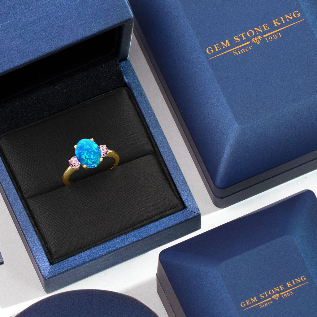 Blue Simulated Opal-Cabochon - October_5_Ring in 925 Yellow Gold Plated Silver