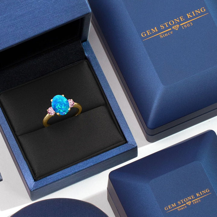 Blue Simulated Opal-Cabochon - October_5_Ring in 925 Yellow Gold Plated Silver