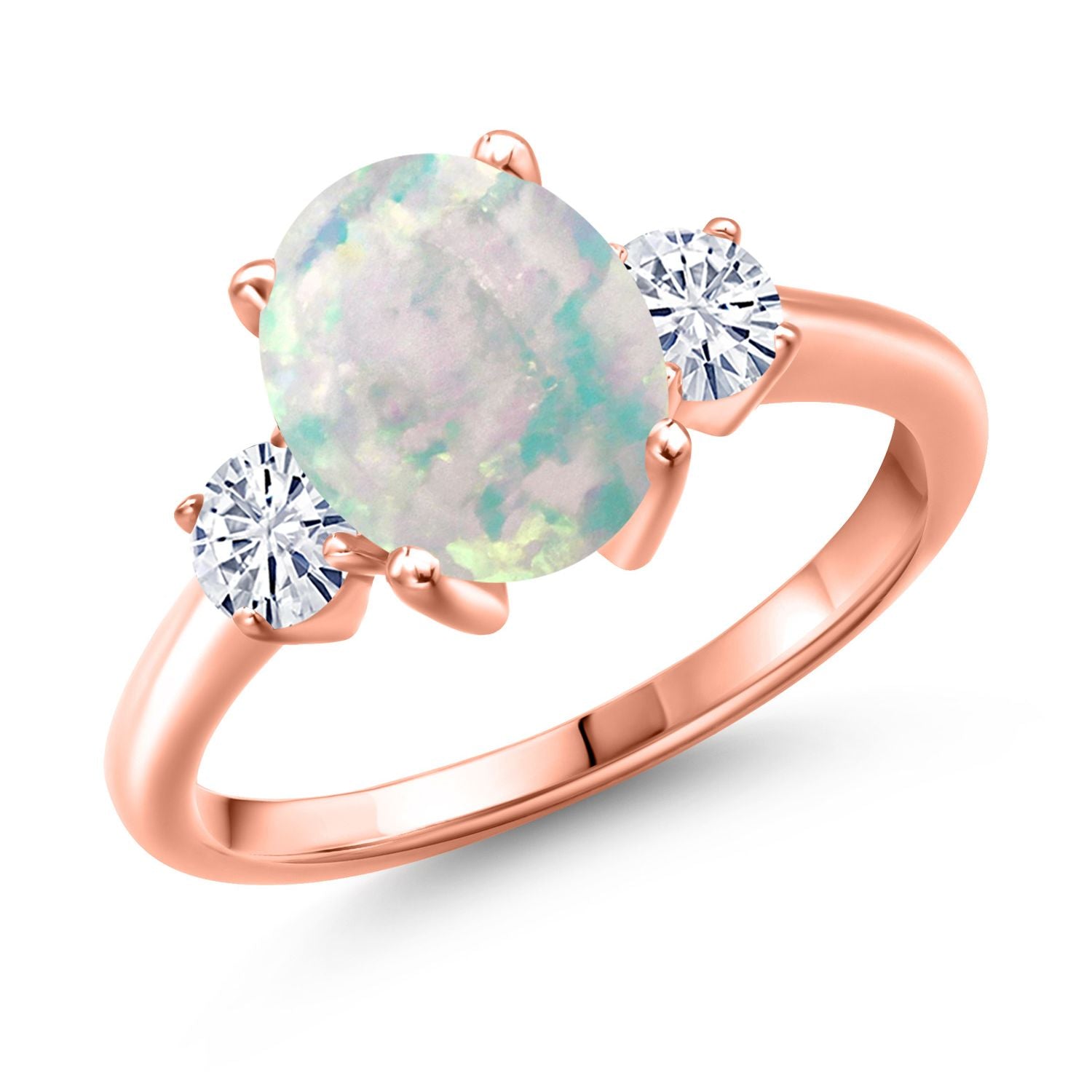 White Simulated Opal-Cabochon - October_5_Ring in 925 Rose Gold Plated Silver