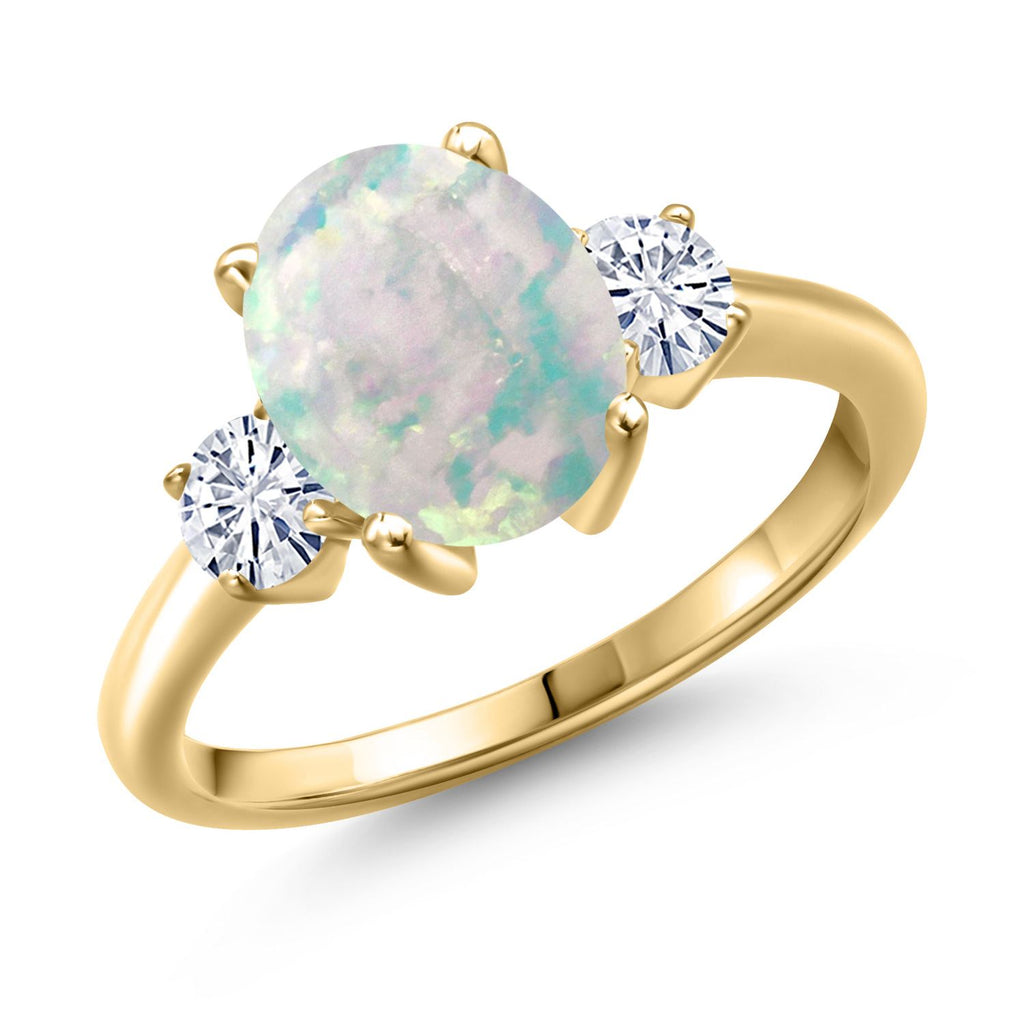 White Simulated Opal-Cabochon - October_9_Ring in 925 Yellow Gold Plated Silver