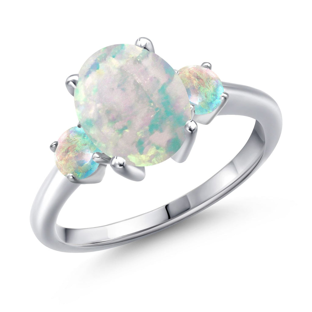 White Simulated Opal-Cabochon - October_7_Ring in 925 Sterling Silver