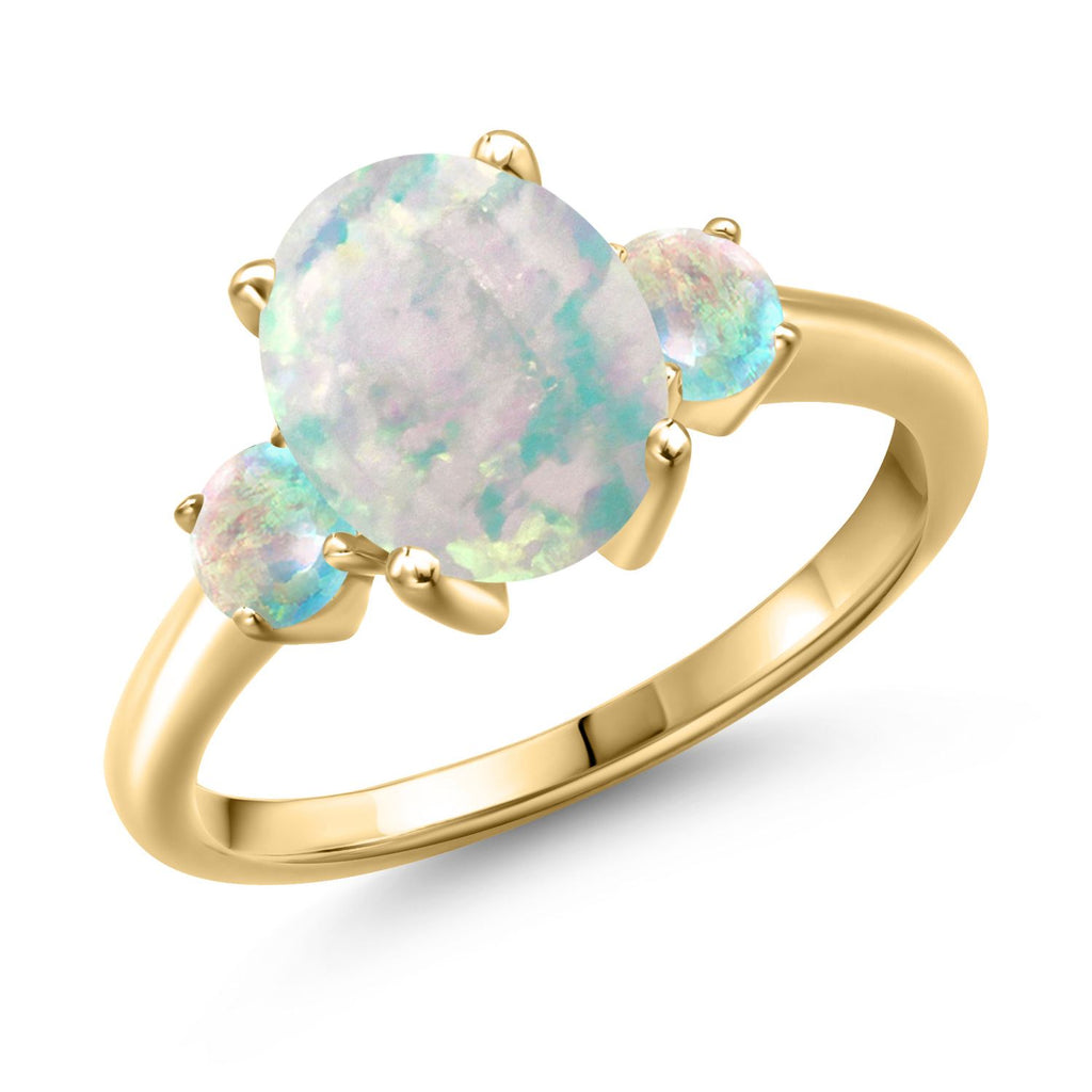 White Simulated Opal-Cabochon - October_7_Ring in 925 Yellow Gold Plated Silver