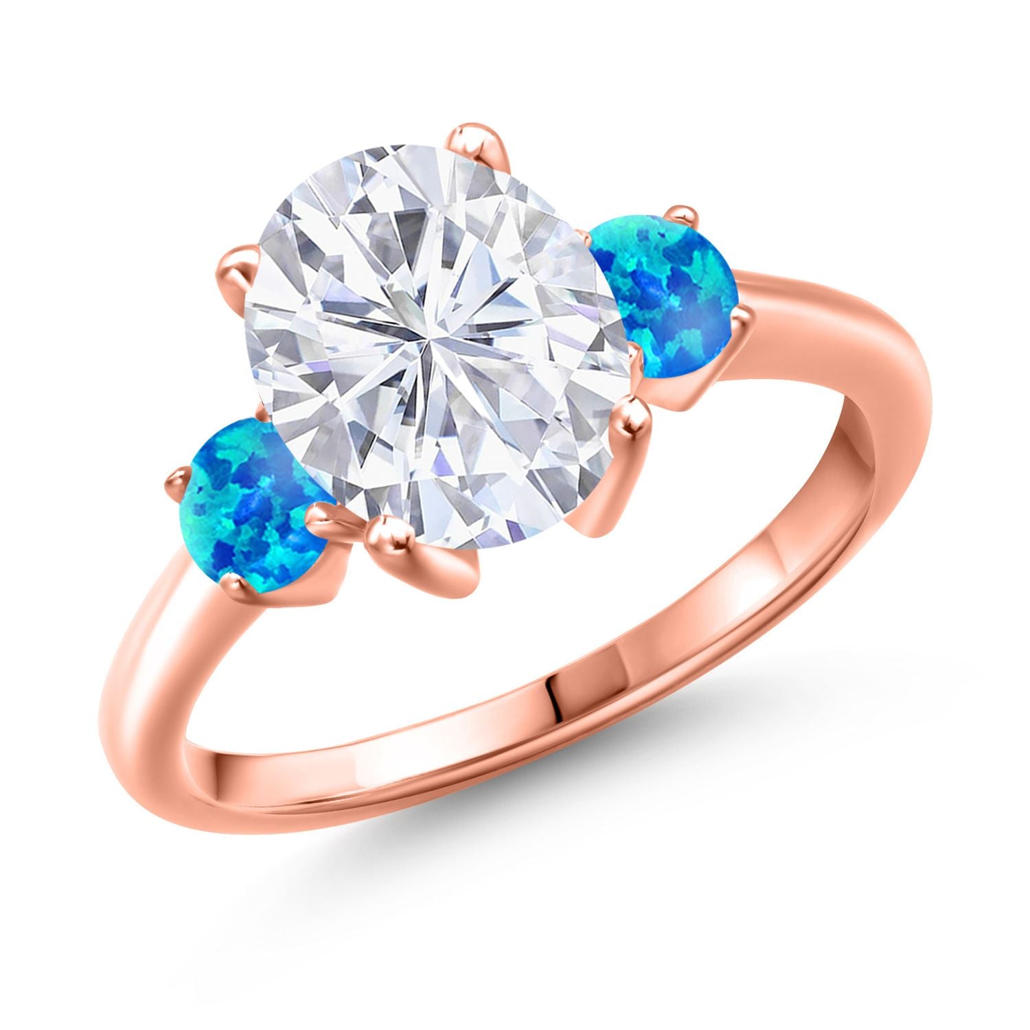 Blue Simulated Opal - October_8_Ring in 925 Rose Gold Plated Silver